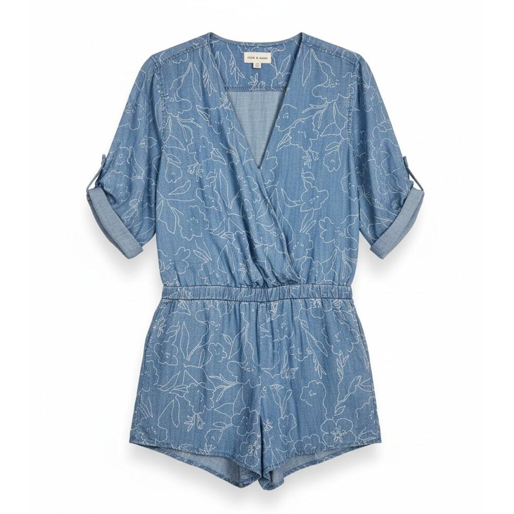 Cloth & Stone Womens S Boho Coastal Floral‎ Chambray Roll Tab Sleeve Romper